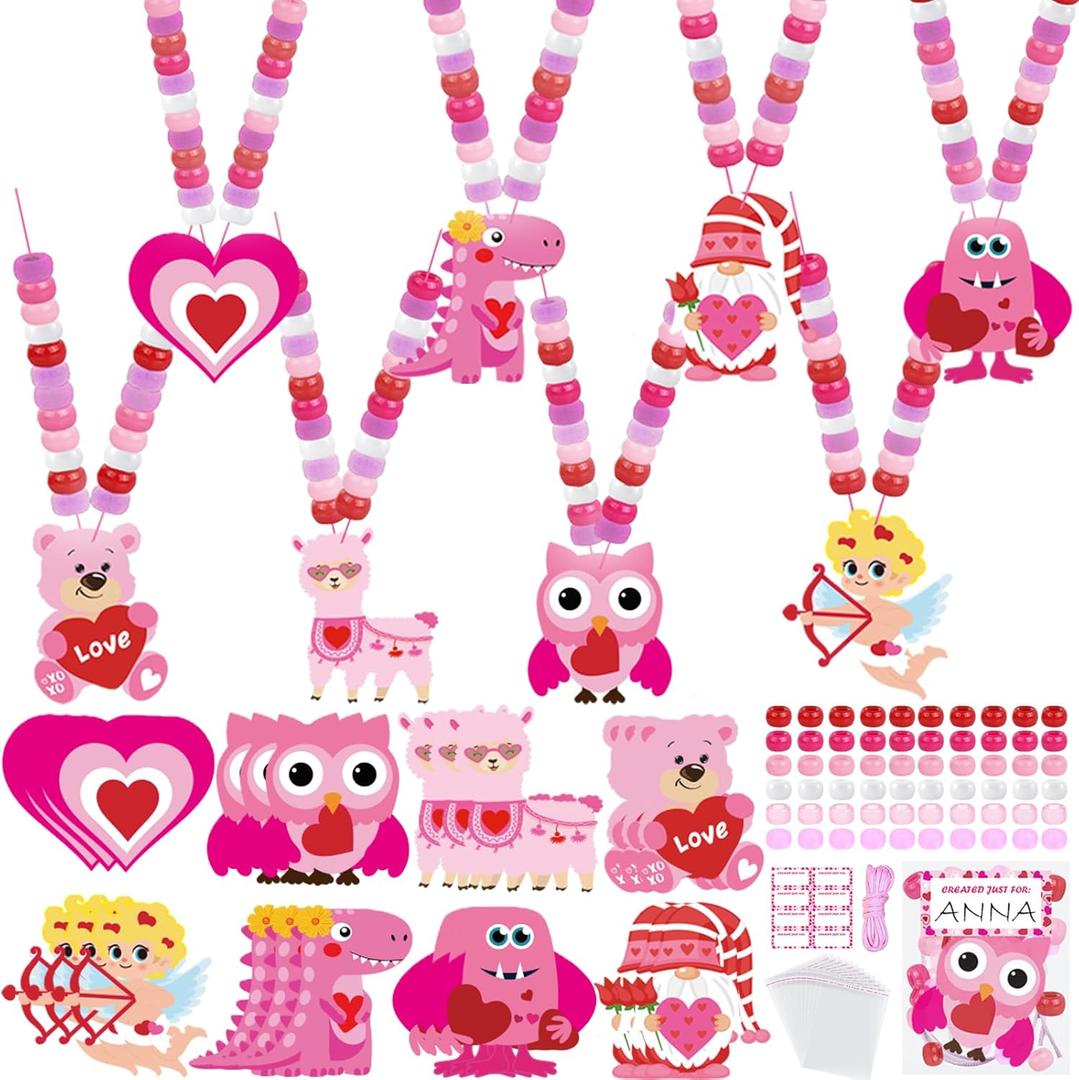 24 Sets Valentine's Day Beads Necklaces Bracelets Making Kit Pink Red Pony Beads Bulk with Cute Wooden Charms DIY Beaded Necklaces Heart Crafts for Party Favors Classroom Goodie Bags Stuffers Gifts