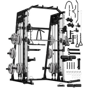 GarveeLife Smith Machine Home Gym All in One, 2200LBS Squat Rack Power Cage with Smith Bar, LAT Pull-Down, Cable Systems, Leg Hold-Down and More Attachments, Workout Equipment (Red Black)