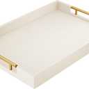 17" x 12" Wood Serving Tray with Gold Polished Metal Handles, Home Decorative Wooden Rectangle Ottoman Leather Decor Platter Bathroom Vanity Tray for All Occasions White