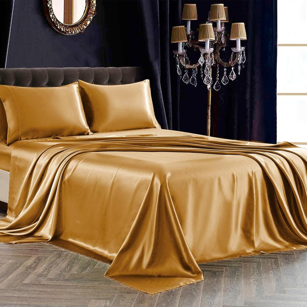 SiinvdaBZX 4Pcs Satin Sheet Set King Size Ultra Silky Soft Gold Satin King Bed Sheets with Deep Pocket, 1 Fitted Sheet, 1 Flat Sheet, 2 Envelope Closure Pillowcases