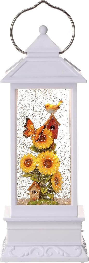 Spring Decorative Candle Water Lantern with Sunflowers, Bird and Butterfly, Battery Operated with Timer or USB - 11'' Garden Scene Lighted Water Lantern with Bird, White and Yellow