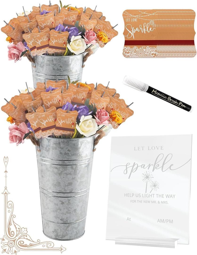 100+4 PCS Wedding Sparkle Tag & Holder Set, “Let Love Sparkle” Send-Off Card, Acrylic Sign & Marker Pen with 2 Galvanized Buckets, Table Decor for Anniversary Bridal Shower Exit