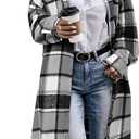 Himosyber Women's Casual Plaid Lapel Woolen Button Up Pocketed Long Shacket Coat (Large, Grey)