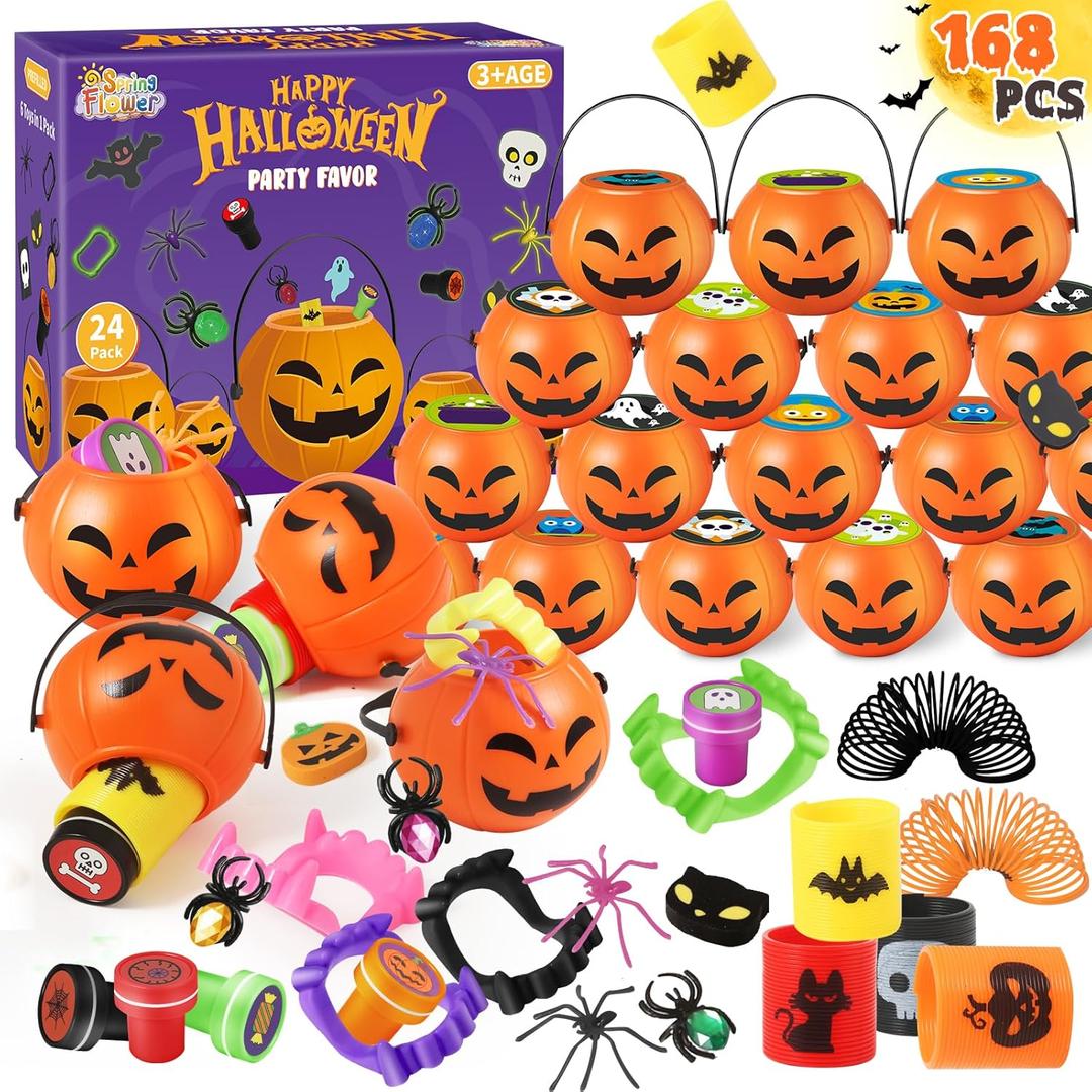SpringFlower 168 PCS Halloween Party Favors For Kids, 24 Pack Prefilled Halloween Pumpkins With Toys, Halloween Toy Bulk For Kids Gifts & Trick or Treat, School Classroom Rewards