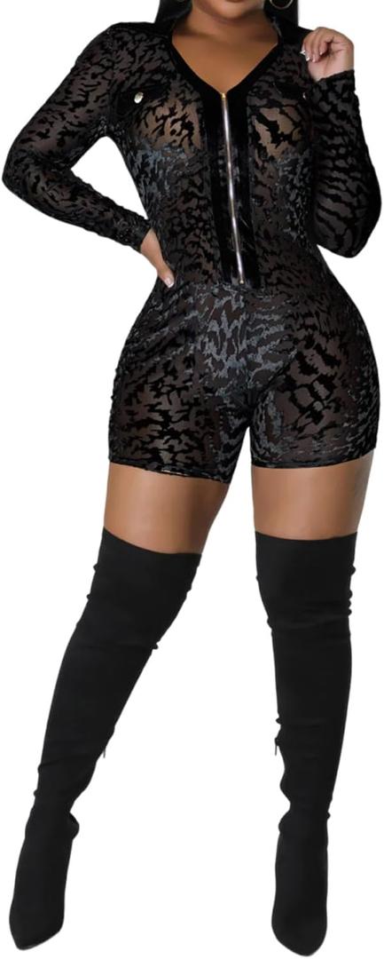 Uni Clau Women Sexy Mesh Patchwork Short Jumpsuit See Through V Neck Outfits Long Sleeve Velvet Club Bodycon Rompers (Black)