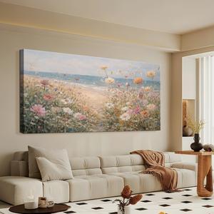OKEXCKK Beach Vintage Flowers Large Canvas Wall Art, 3D Textured Landscape Wildflowers Painting, Coastal Nature Floral Picture Artwork Print for Bedroom Living Room Office Home Decor 24"x48"
