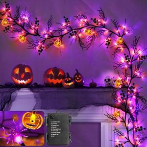 [Timer 8 Modes] Halloween Garland Willow Vine Lights, 6 Ft 54 LED with Orange & Purple Lights, Halloween Decorations Pumpkin Spider Waterproof Battery Operated for Home Fireplace Wall