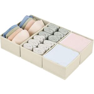 DIMJ Drawer Organizers Clothes, Dresser Organizer Bins for Baby Clothes,Underwear and Sock, Fabric Closet Organization and Storage Boxs, Drawer Dividers for Nursery, Clothing, Tie - 4 Pack, Beige