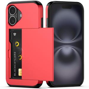 Nvollnoe Compatible with iPhone 16 Case with Card Holder Heavy Duty Protective Dual Layer Shockproof Hidden Card Slot Slim Wallet Phone Cover for iPhone 16 for Women&Men 6.1 inch(Red)