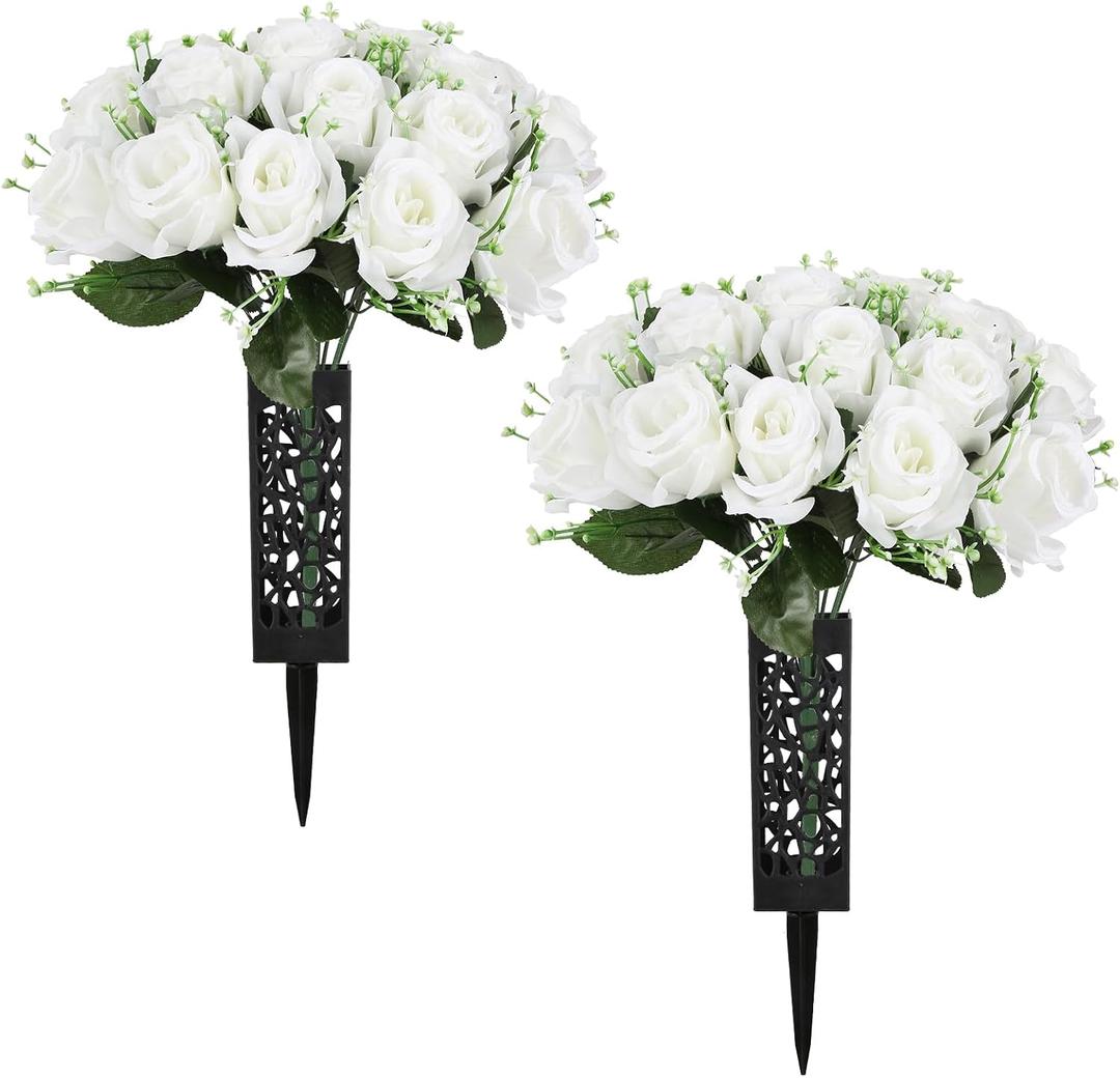 2 Sets Artificial Cemetery Flowers for Grave, Outdoor Roses Funeral Flowers with Cemetery Vase, Memorial Flowers Arrangements Bouquet Vibrant and Long-Lasting Colors(White)