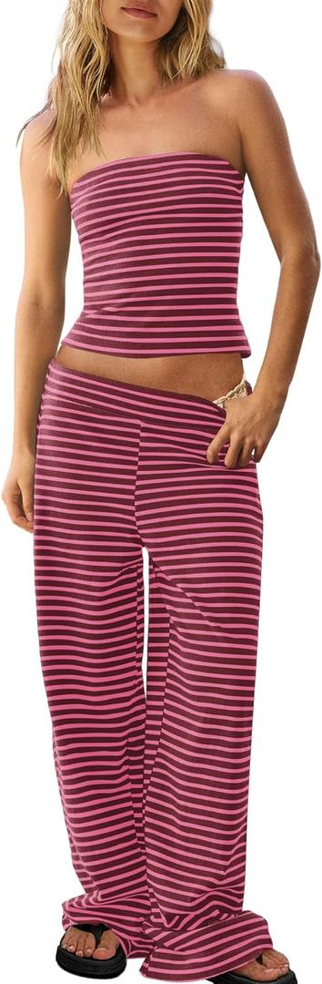 Panadila Womens Striped Two Piece Sets Summer Lounge Outfits Sailor Tube Top and Pants Matching Set Beach Vacation Travel Y2k (X-Small, Burgundy Pink Combo)