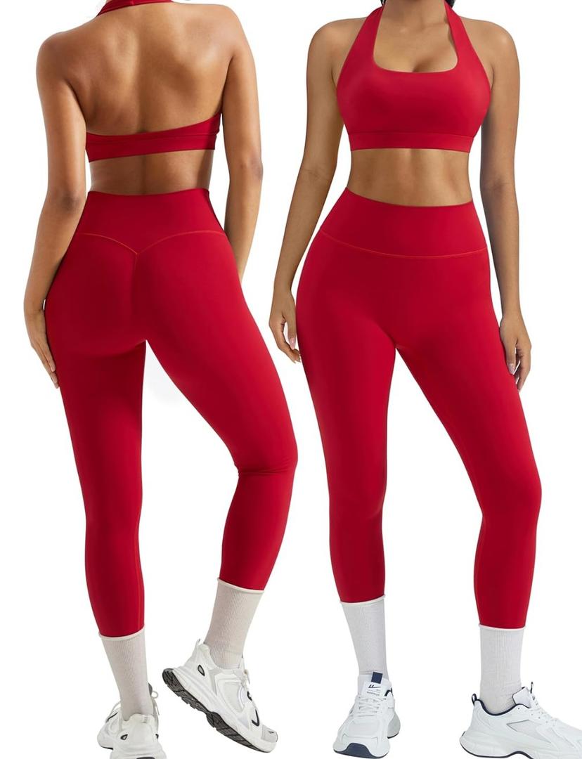 OMKAGI 2 Piece Workout Sets for Women Halter Sports Bras Gym Sets Booty Leggings,  S