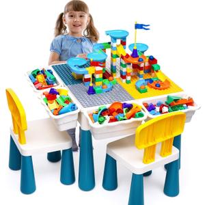 Kids Activity Table Toddlers Kids Table and Chair Set with 152Pcs Large Marble Run Building Blocks All in One Kids Play Water Tables Sand Tables, STEM Toys for Boys Girls 3 4 5 6 Year Old (Multicolor)