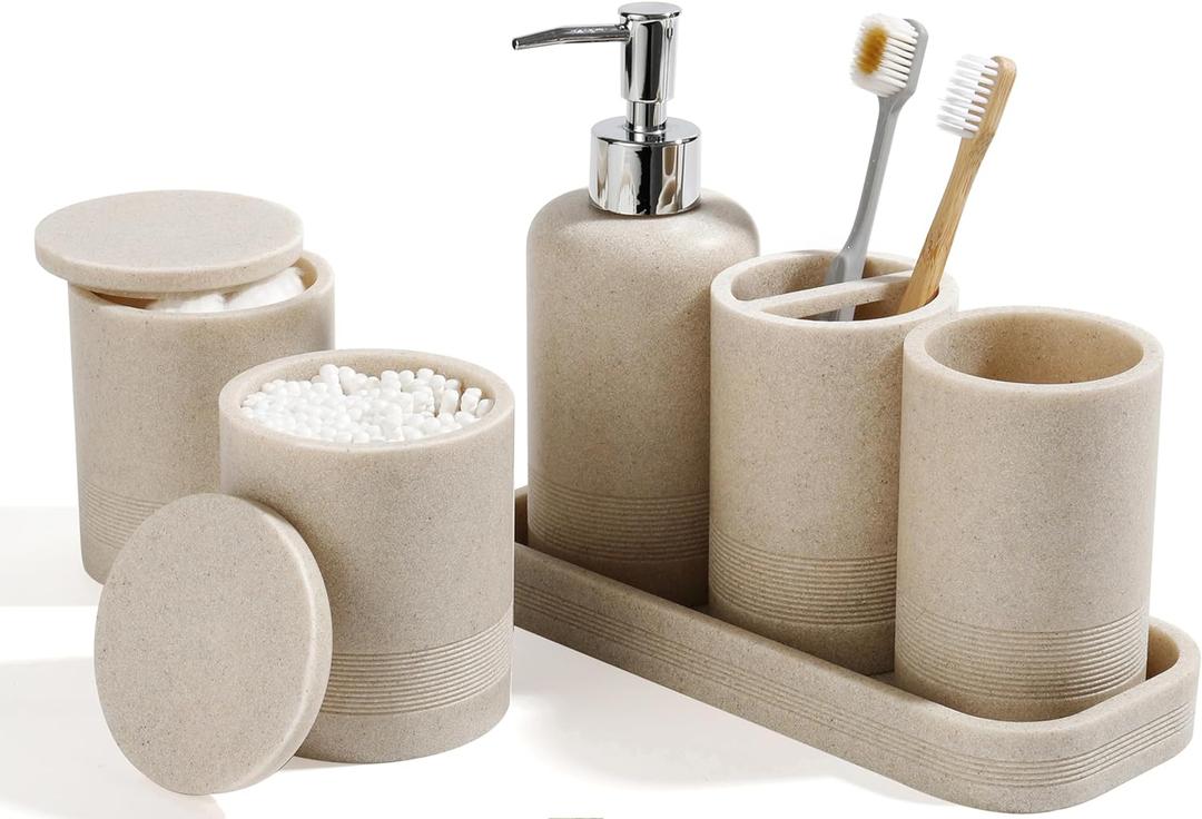 Bathroom Accessories Set, 6-Piece Bathroom Accessory Set, Toothbrush Holders Set, Soap Dispenser, Vanity Tray, Tumbler, Cotton Swab Jars, Bathroom Organizer for Modern Bathrooms, (Beige)