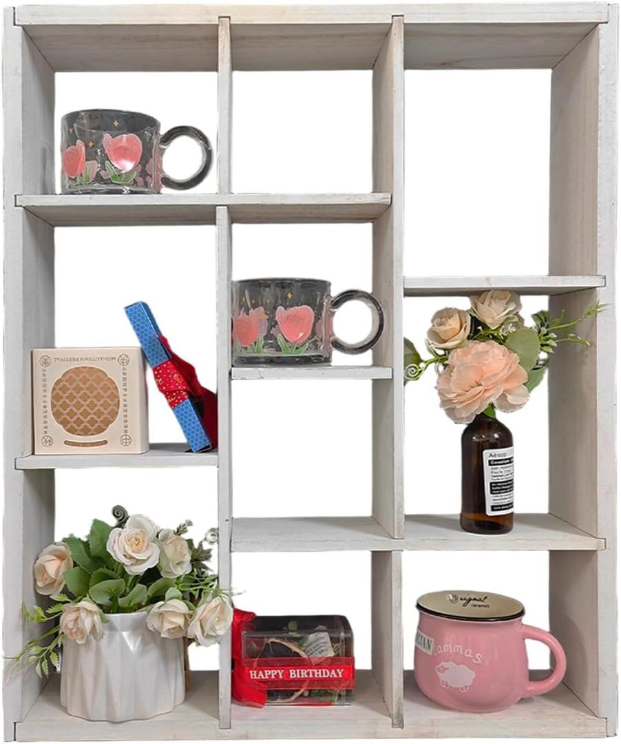 Oversize Coffee Mug Display Rack - Rustic Wooden Wall Mounted Shadow Box Shelf for Collectible Mugs, Kitchen, Office or Coffee Bar Decor (01-Old White)