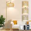 Gold Floor Lamp for Living Room with 3 Color Temperatures,Arc Boho Floor Lamps with Remote Control, Rattan Standing Lamp with Wicker Lamp Shades Dimmable Tall Floor Lamp For Bedroom Living Room Corner