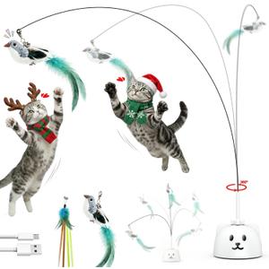 Interactive Cat Toys for Indoor Cats: Upgraded 360 Automatic Spin Flying Bird Feather Wand with Silicone Protected Rod Safe Play, Strong 8cm Suction Cup, USB-Rechargeable for Bored Kittens and Adult (White)