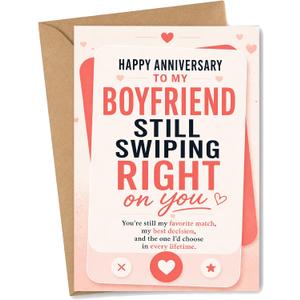 Anniversary Card for Boyfriend, Still Swiping Right Funny Romantic Greeting Card with Envelope from Girlfriend