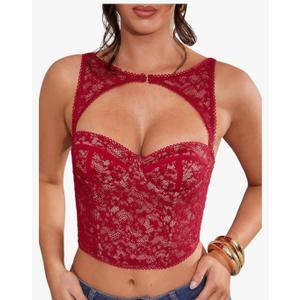 WDIRARA Women's Cut Out Lace Crop Bustier Corset Tank Top Sexy Going Out Party Club Tops Size XS-S