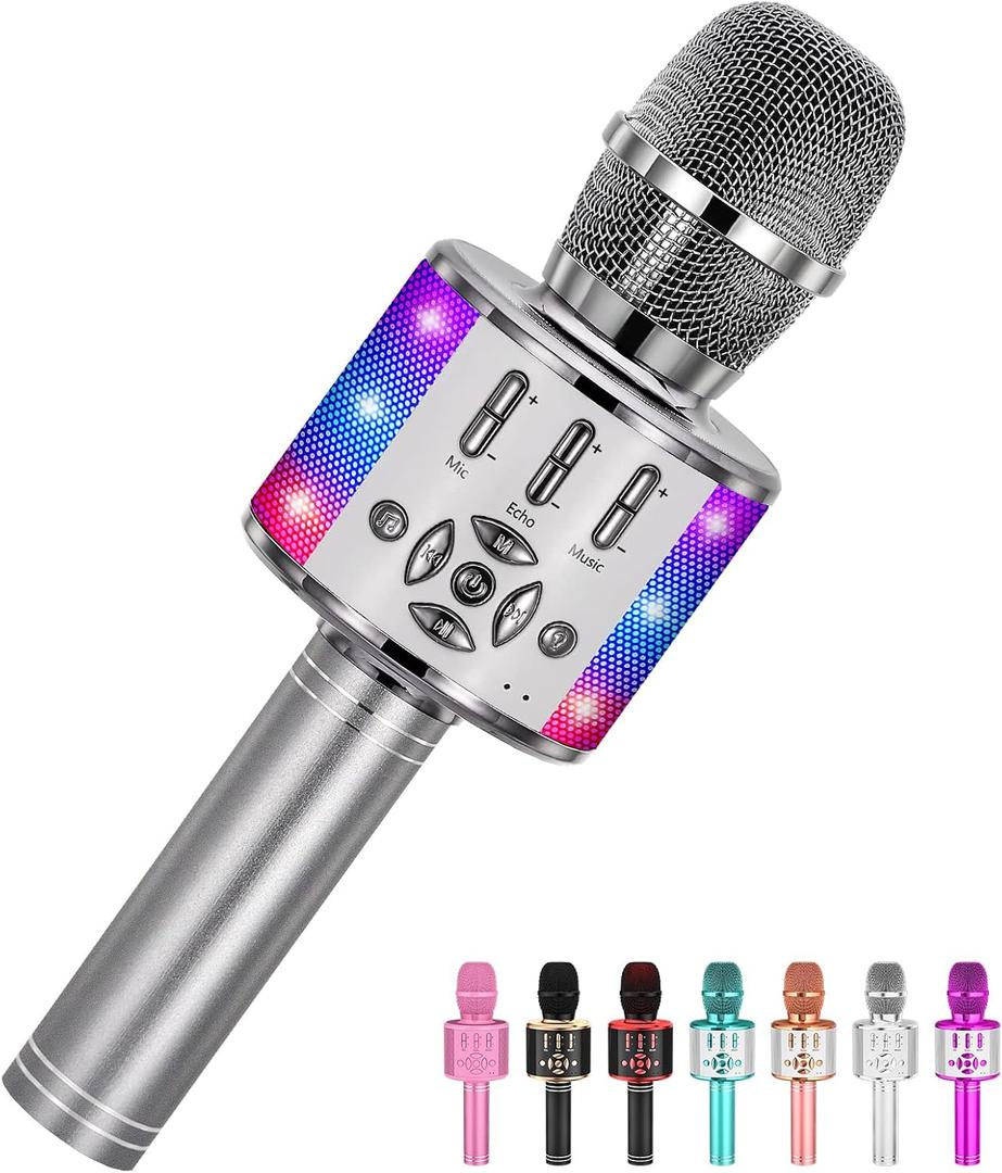 Amazmic Kids Karaoke Microphone Machine Toy Bluetooth Microphone Portable Wireless Karaoke Machine Handheld with LED Lights, Gift for Children Adults Birthday Party, Home KTV(Gray)