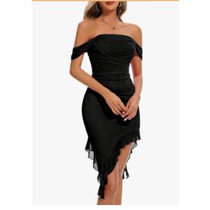 BeryLove Women’s Sexy Off Shoulder Mesh Midi Wedding Guest Dresses Ruched Bodycon Ruffled Cocktail Dress, XL