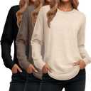 Ficerd 3 Pack Women's Long Sleeve Shirts, Cotton Crew Neck Tunic Tops Casual Loose Fit Pullover Sweatshirts Curved Hem Shirts (Large, Black, Brown, Apricot)