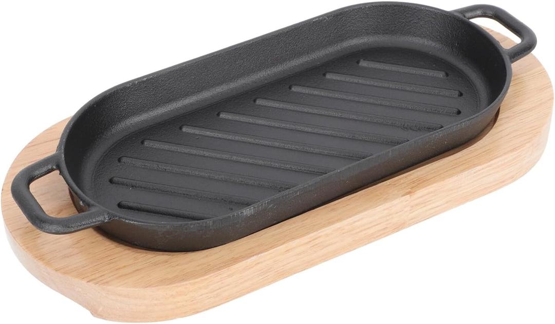 SIZZLING PLATE WITH WOODEN BASE- Cast Iron Steak Platter Pre- Seasoned Cast Iron Fajita Pan Sizzling Fajita Pan Japanese Steak Plate with Wood Base for Restaurant