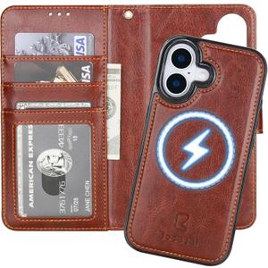 Bocasal for iPhone 17 Wallet Case Compatible with MagSafe Wireless Charging, RFID Blocking Magnetic Leather Case with Card Slots Holder Kickstand Detachable Wrist Strap 6.3 Inch (Brown)