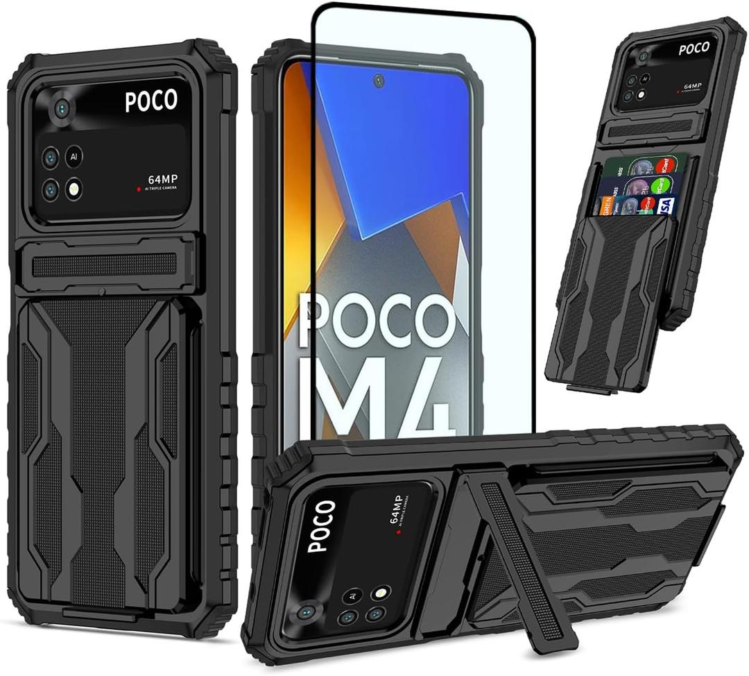 Phone Case for Xiaomi Poco M4 Pro 4G Case, MZB0B5VIN Case with Screen Protector, Wallet Detachable Credit Card Holder Built-in Stand Protective Phone Cover for Xiaomi Poco M4 Pro 4G Black