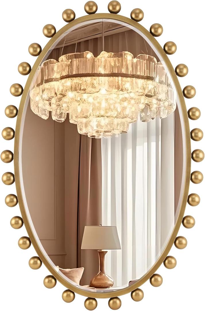Antique Gold Oval Mirror Unique with Beveled Glass and Ball Frame24"x36"Beaded Large Decorative Ornate Mirrors for Bathroom,Bedroom, Living Room,Hallway