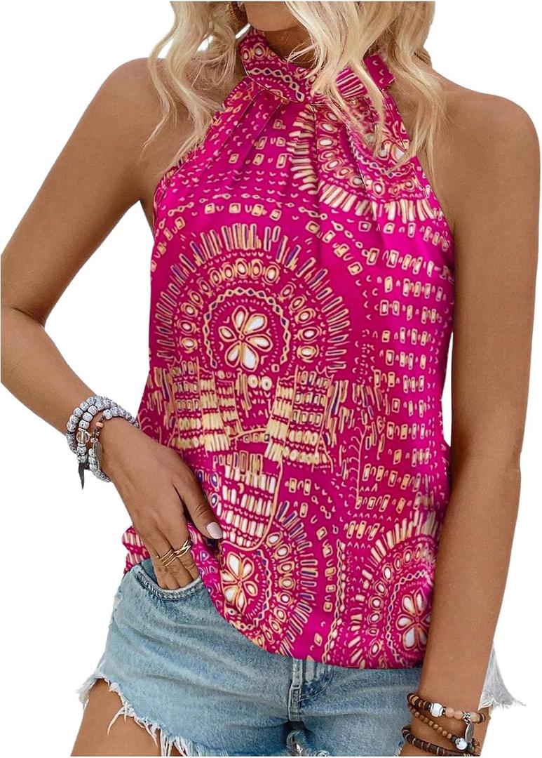 Women's Tropical Paisley Print Halter Blouse Sleeveless Boho Shirt Tops Button Back Vacation Tops (Medium, Deep Pink)