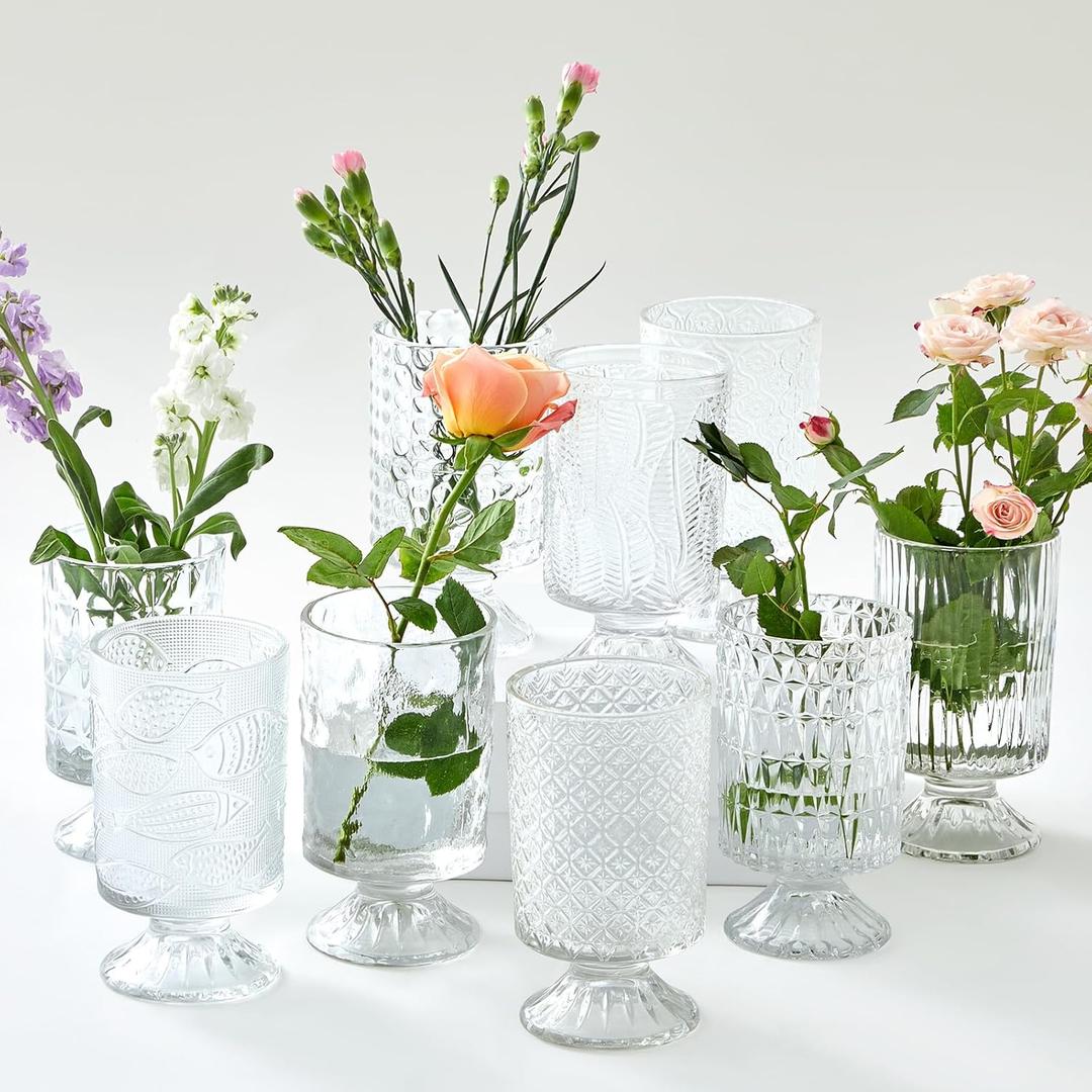 9 Set (H:7 Inch W:4 Inch) Flower Crystal Glass Vases Embossed Pedestal Vases for Centerpieces Hydroponic Glass Transparent Bottle for Home Office Wedding Dining Table Party(Clear)