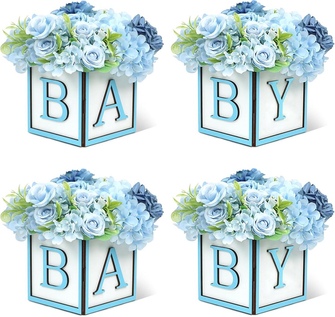 Baby Shower Centerpieces for Table - 4 Set of Wood Boxes with BABY Letters 6 x 6 inch Cube Planter Vase Baby Blocks for Boys Baby Shower Gender Reveal Favor - Blue