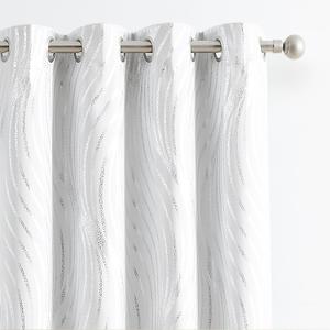 100% Blackout Curtains for Bedroom, White Silver Foil Pattern Curtains 72 Inch Length Living Room Darkening Thermal Insulated Metallic Silver Wave Print Drapes Grommet Window Curtains 2 Panels