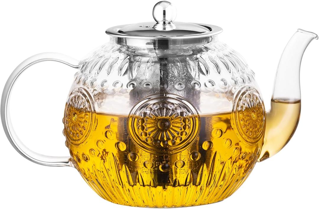 Amzcku 50OZ/1500ml Vintage Glass Teapot with Removable Infuser  Stovetop Safe, Borosilicate Glass Tea Kettle for Blooming & Loose Leaf Tea
