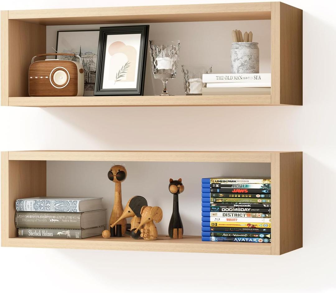Kaboon 24in Floating Cube Shelves Set of 2, Display Shelves Wall Mount, Decorative Hanging Shelves for Kitchen Living Room Office,(Light Walnut, Rectangle 2 Cubes)