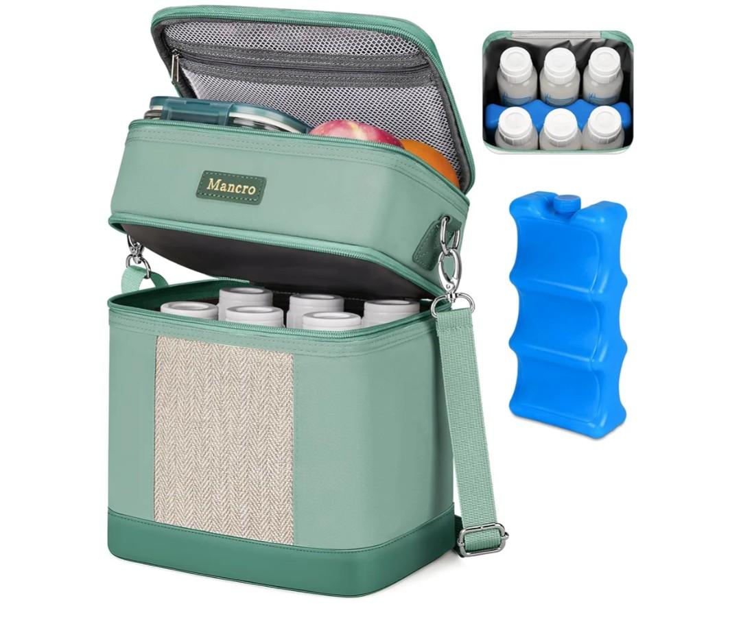 Mancro Breastmilk Cooler Bag with Ice Pack, Double Layer Breast Milk Cooler Bag Fits 6 Bottles Up to 9 Ounces, Breast Pump Bag with Cooler for Daycare & Nursing, Green
