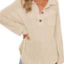 Women Waffle Knit Tops Henley Shirts Long Sleeve V Neck Solid Color Casual Tunic (Large, Apricot)