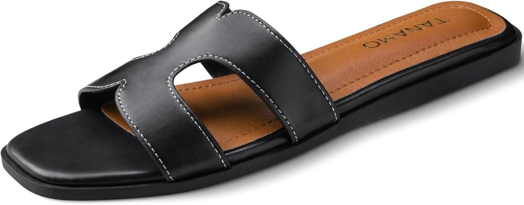 Tanamo Womens's Sandals Girls Slides Sandals Women Narrow Dressy Summer Flat Sandals Square Open Toe Casual Beach (7.5, Black)