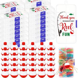 Vinsot 30 Sets Fishing Candy Tackle Boxes for Party Favors with Red White Fishing Bobber Floater Thank You for Making My Party Reel Fun Theme Birthday Decorations Supplies