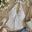 QJQ Women's Halter Tops Twist Front Slit Backless Cute Summer V Neck Tank Top Vacation Outfits (White, S)