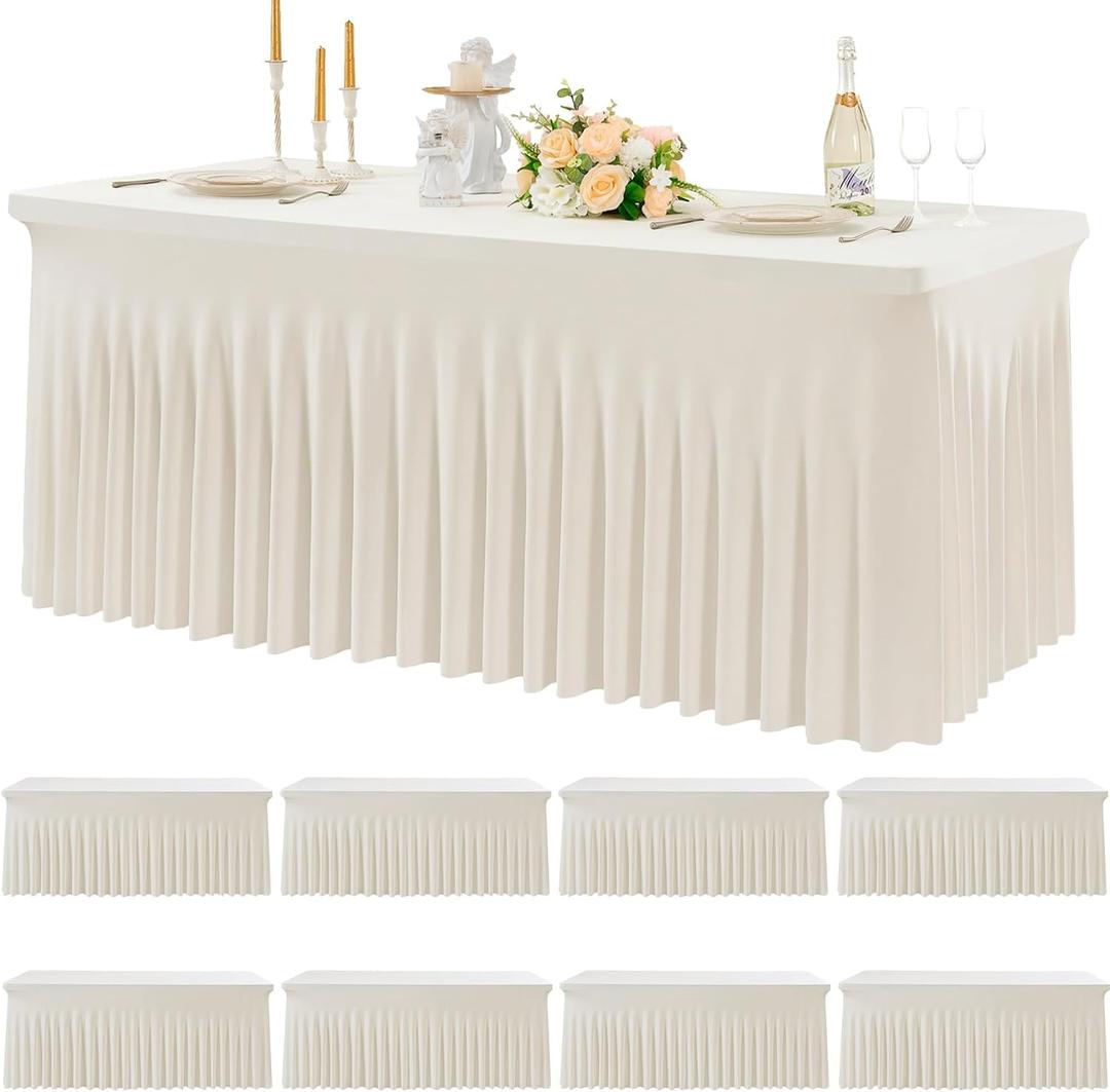 8pk Spandex Ivory Tablecloths for 6 Foot Rectangle Tables, Stretch Table Cloths 6ft Fitted Table Cover Desk Skirt for Parties Weddings Birthday Banquet Baby Shower
