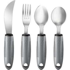 4PCS Weighted Adaptive Utensils, Parkinsons Utensils for Hand Tremors, Elderly, 3.5oz Weighted Utensils for Tremors and Parkinsons Patients, Disabled (Gray, Straight)