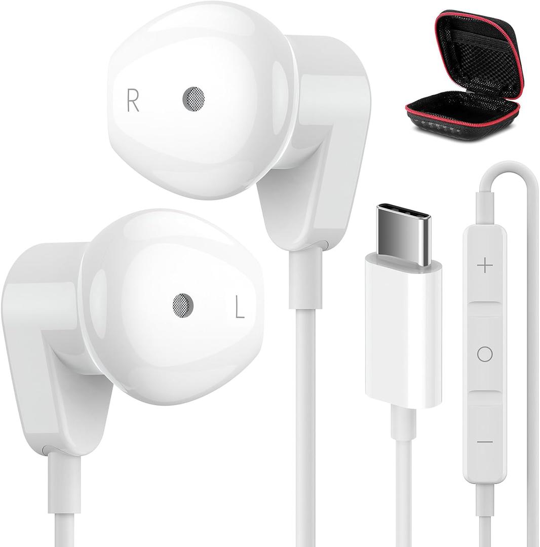 USB C Headphones for iPad Pro iPhone 16 15 Pro USB Type C Earphones HiFi Stereo USB-C Wired Earbuds Microphone Volume Control for Samsung S24 S23 Ultra S22 S21 Note20 A54, Pixel 9 8 7 6 6a 5, OnePlus9 (White)
