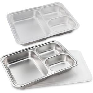 Stainless Steel Kids Plates (2 Packs), Portion Control Divided Metal Plate for Adults Toddlers Balance Lunch, Unbreakable Sectioned Plates with Dividers Bariatric Diabetic Diet BPA Free Reusable (10.3x7.1IN 2-Pack)