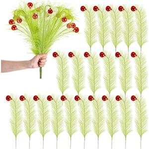 Norme 24 Pcs 18" Lime Green Curly Tree Picks Christmas Stems Picks Stems Christmas Tree Topper for Xmas Wreath, Garland, Vase Fillers, DIY Craft Decor Home Decoration(Red Ball)