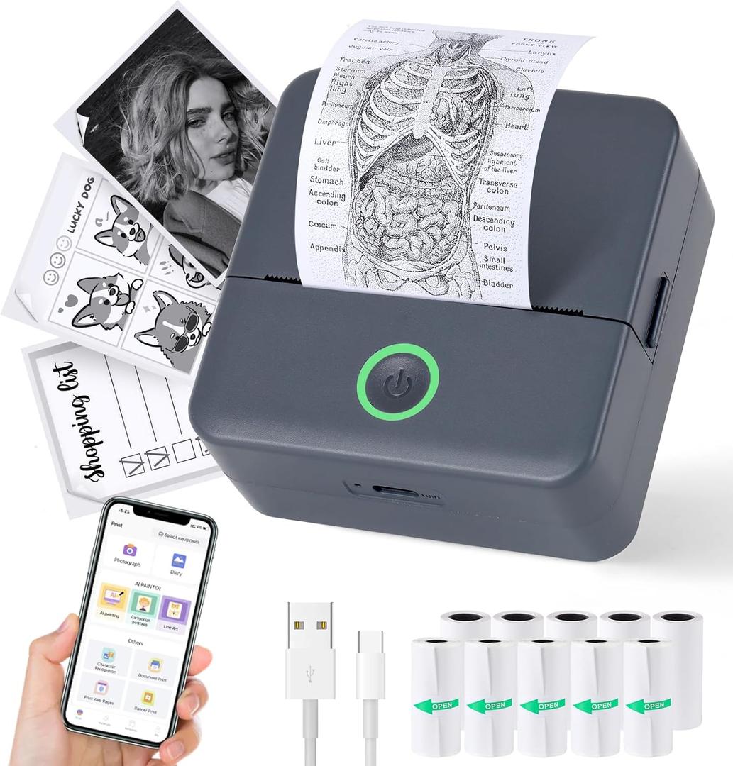 cudinham Print Pods Mini Printer, Sticker Printer with 10 Rolls Thermal Printing Paper, Inkless Pocket Printpod for Phone, Impresora Porttil for Notes, DIY, Compatible with iOS & Android (Grey)