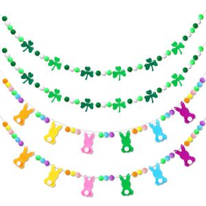Breling 4 Pcs St. Patrick's Day Easter Banner Decor St. Patrick's Day Felt Garland Easter Garland Bunny Shamrock Clover Hanging Banner for Party Mantle Home Supplies