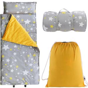 Toddlers Nap Mat with Removable Pillow and Soft Blanket, Lightweight Daycare Preschool Kindergarten Sleeping Bag, Travel Slumber for Kids Girls Boys (Stars)