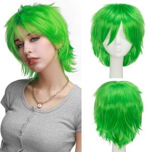 S-noilite Unisex Short Green Wig Women Men's Short Layered Fluffy Spiky Wigs with Bangs Straight Synthetic Hair Full Wigs for Halloween Cosplay Costume Comic-cons Anime Party Green